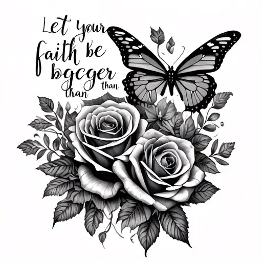 "Let your faith be bigger than " butterfly roses intertwined tattoo design idea