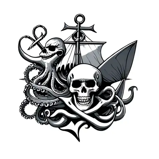 pirate skull boat anchor shark and octopus tattoo design idea