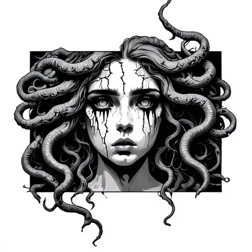 real Medusa half crying cracked pretty woman tattoo design idea