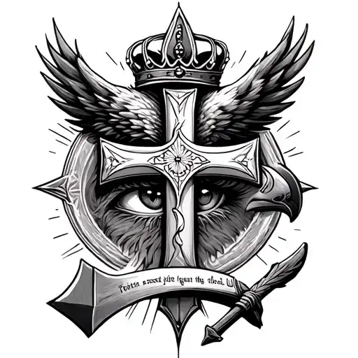 Incorporate a cross, at crown, a Viking axe, an eagle eye and a bible verse tattoo design idea