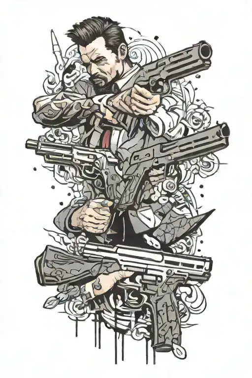 max payne lots of guns ,bullets and blood drops tattoo design idea