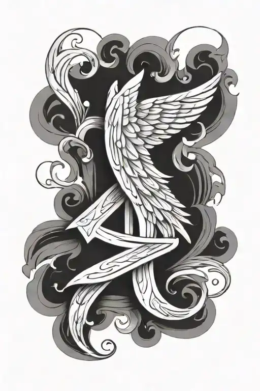 Angel wings with the letter j written in calligraphy between them tattoo design idea