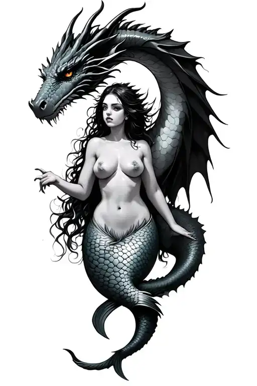 dragon combined with topless mermaid tattoo design idea