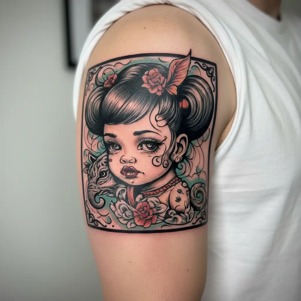 cute baby girl with kissing lips tattoo design idea