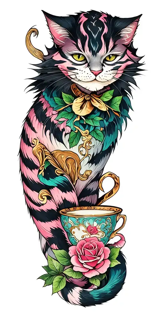 cheshire cat with tail intertwined with tea cup and rose tattoo design idea