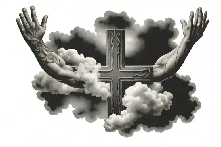 cloud background with cross in the middle with two hands facing up tattoo design idea