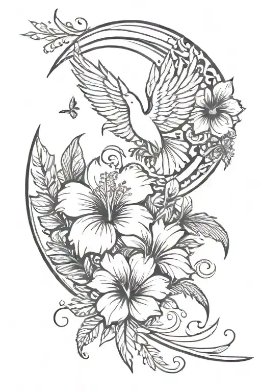 on the side of the rib. Some quotes, a hibiscus flower blooming, an intertwined moon and sun, and a phoenix bird. tattoo design idea