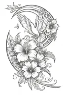 on the side of the rib. Some quotes, a hibiscus flower blooming, an intertwined moon and sun, and a phoenix bird. tattoo design idea