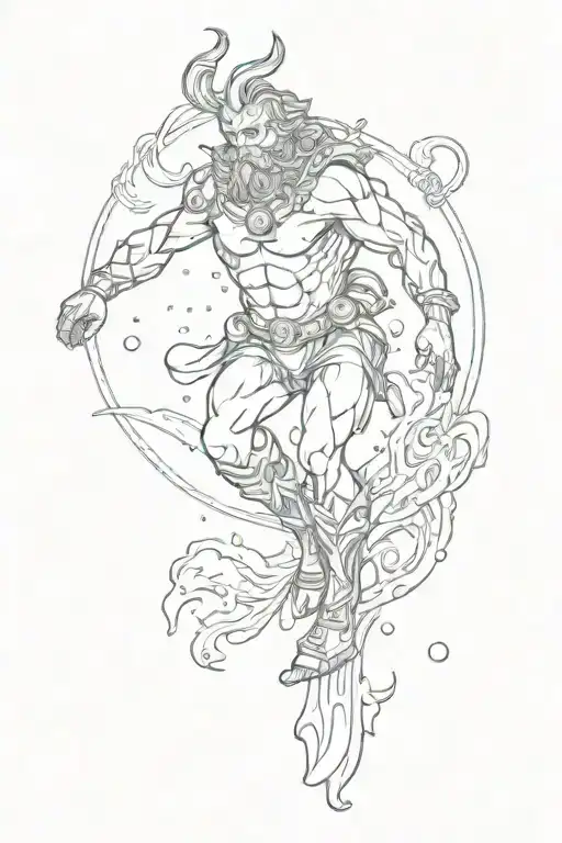 poseidon looking down at a scuba diver exploring the depths tattoo design idea
