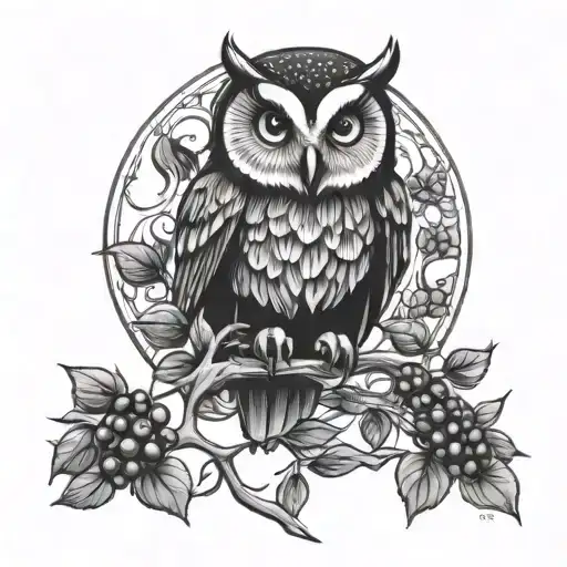  owl and raven and a blueberry bush branch long tattoo design idea