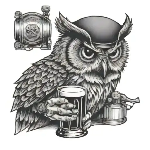 owl drinking a bottle of jameson whiskey tattoo design idea