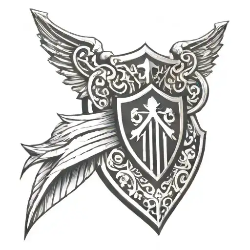 a family crest featuring a shield on deltoids, a warhammer 40k inquisition symbol on the forearm with latin phrases look tattoo design idea