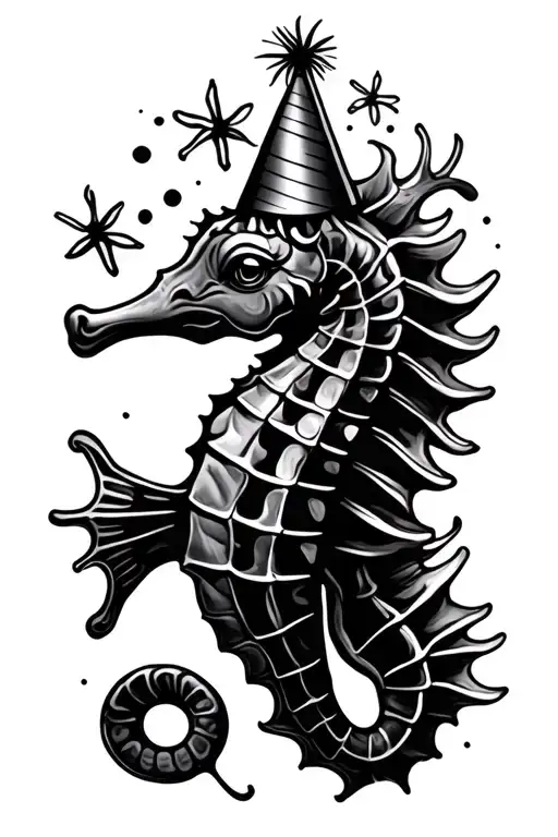 seahorse with party hat tattoo design idea