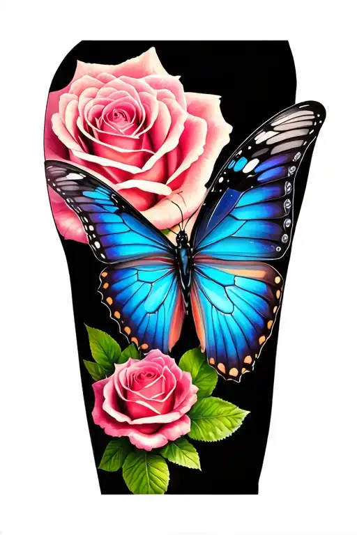 Rose large black gray, diagonally under colorful butterfly forearm tattoo design idea