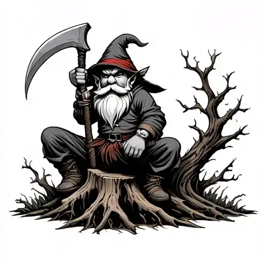 Evil Redcap Gnome Sitting on Rotting Tree Stump holding a hand Scythe as a weapon Back of hand tattoo fade for knuckles tattoo design idea