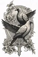 cross with doves and raven perched tattoo design idea