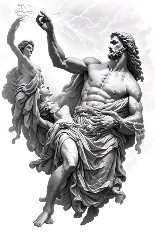 The God Zeus reaching up his right arm wrapped in Lightening, reaching down with his left hand giving life to Athena tattoo design idea