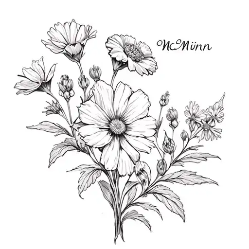 black and white fine line violet, primrose, marigold, cosmo flower bushel with Name McMinn small to the top right tattoo design idea