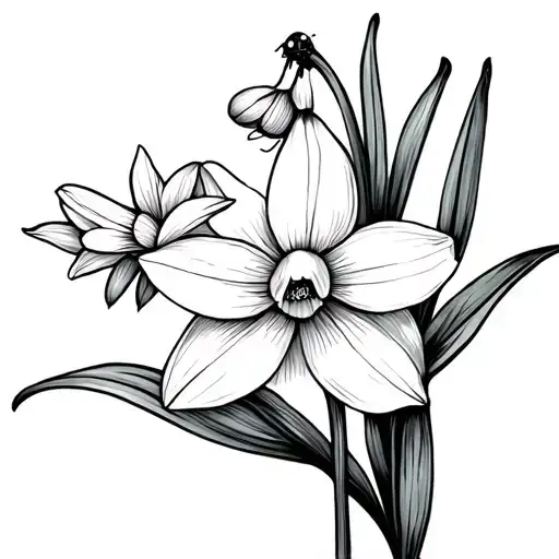 Narcissus and snowdrop flower with small ladybug resting tattoo design idea