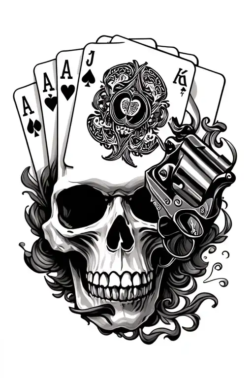 skull with smoking revolver and playing cards tattoo design idea