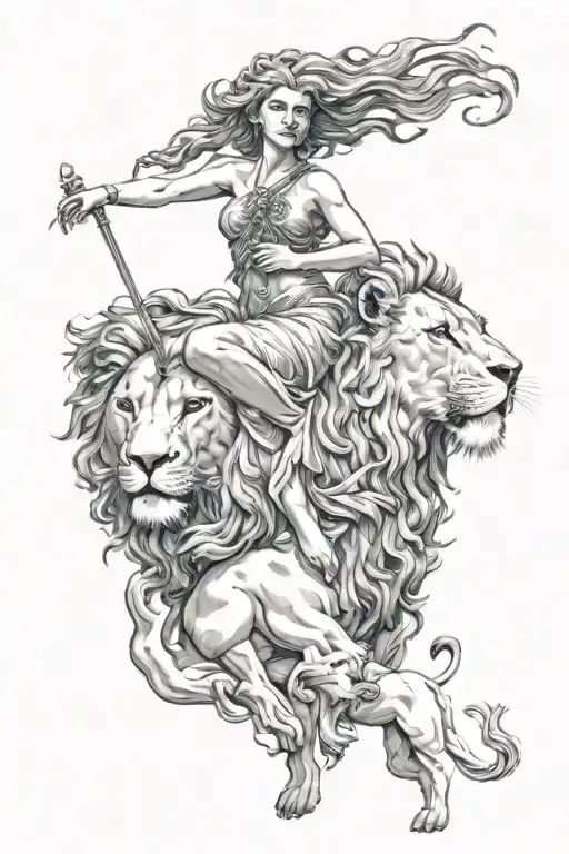 greek goddess surrounded by lion tattoo design idea