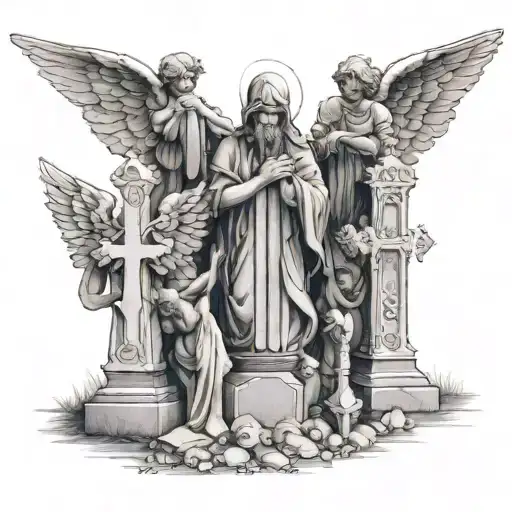 multiple angel graveyard praying in front of crosses  tattoo design idea