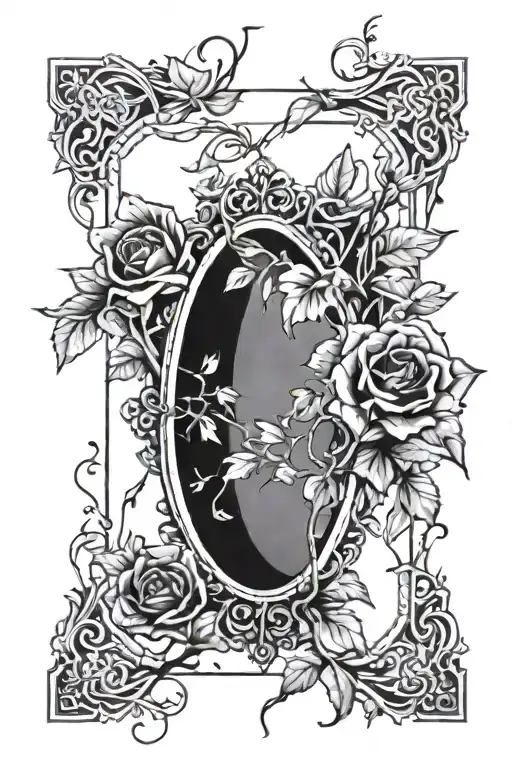 broken shattered mirror reflecting death of my ego, flowers and vines tattoo design idea