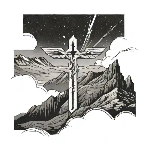 'love is where you g0o' connecting into a line going into mountains with a cross at the end  tattoo design idea