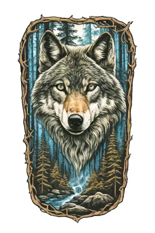 wolf blue eyes forest landscape tattoo design idea