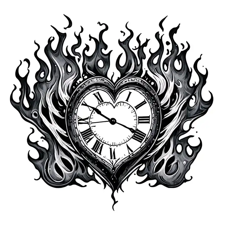 "Mélanie" clock heart in flame tattoo design idea