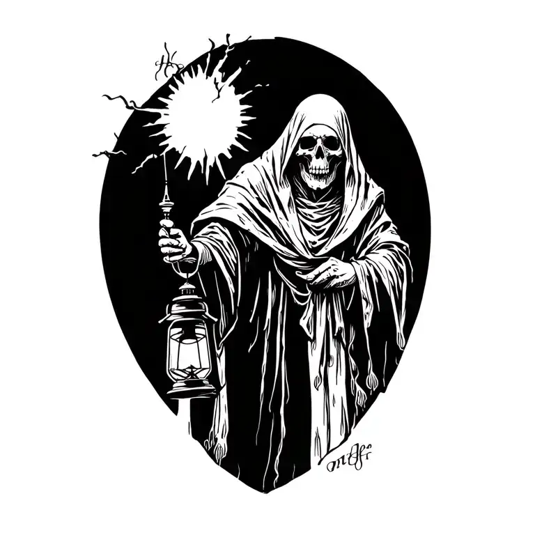 The hermit tarot walking sideways in darkness holding a lantern thats emitting light. Skull face cloaked in hood tattoo design idea