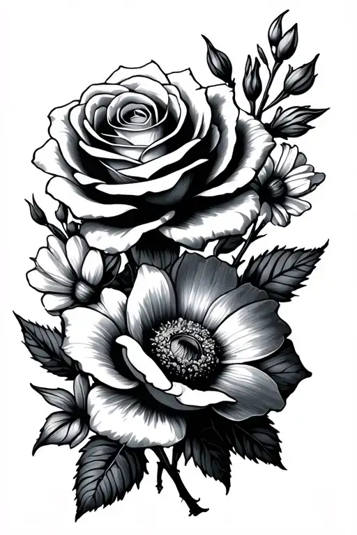 rose, daffodil, cosmos and narciss flower feminine intertwined  tattoo design idea