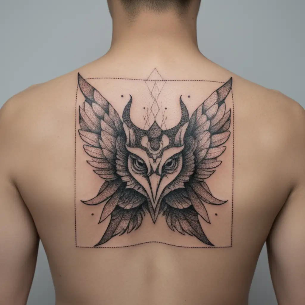 Garuda, into a minimalist geometric pattern with large spread wings tattoo design idea