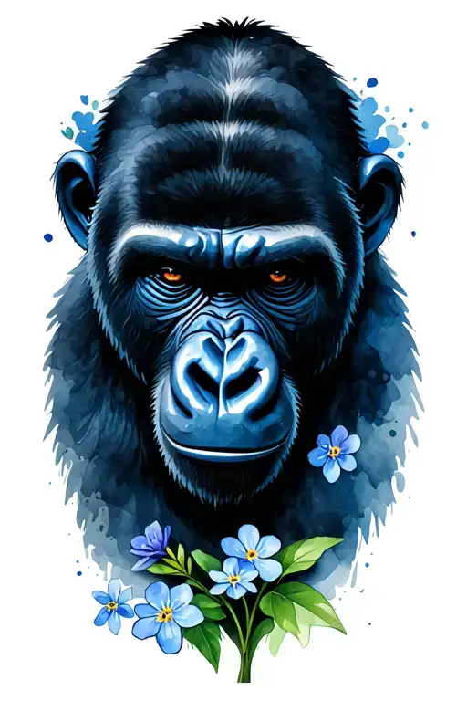 female gorilla head holding forget me not flowers symbolizing tattoo design idea