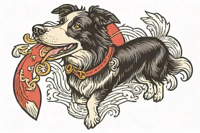 border collie with a papa smurph toy tattoo design idea