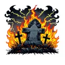 grave yard with crosses and fences around it surrounded by flames with dark cloud and lighting  tattoo design idea