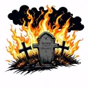 grave yard with crosses and fences around it surrounded by flames with dark cloud and lighting  tattoo design idea