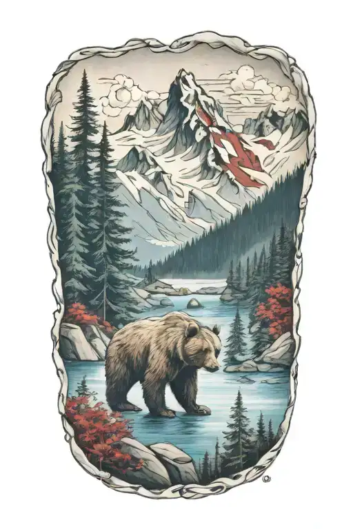 bear, white blue and red shades, forest, mountains, river tattoo design idea
