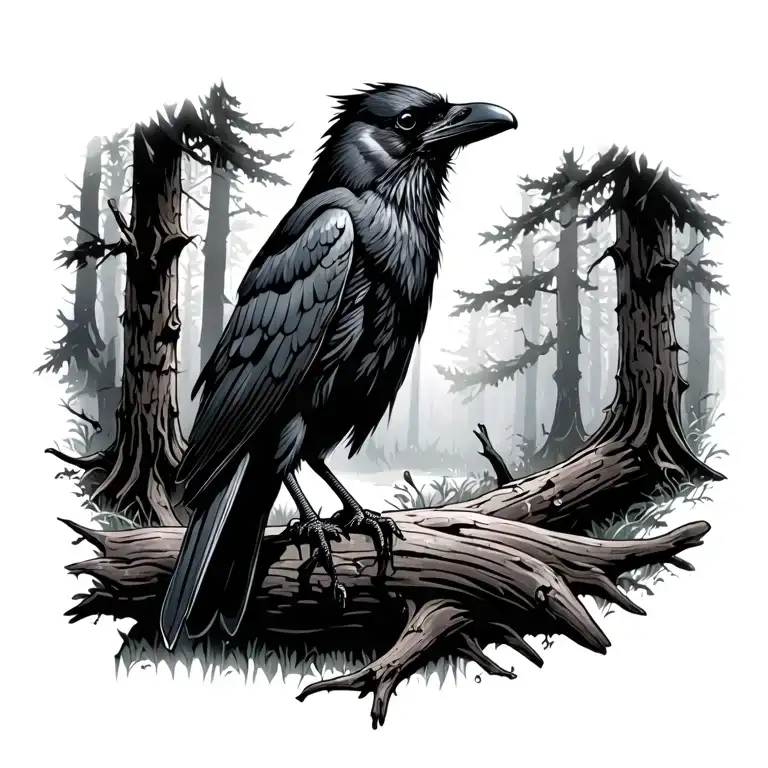 Raven in the woods at night scene tattoo design idea