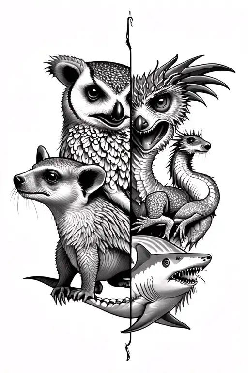 in a vertical line going down half sleeve have a meerkat bear dragon owl rat lion and a shark tattoo design idea