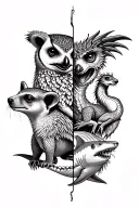 in a vertical line going down half sleeve have a meerkat bear dragon owl rat lion and a shark tattoo design idea