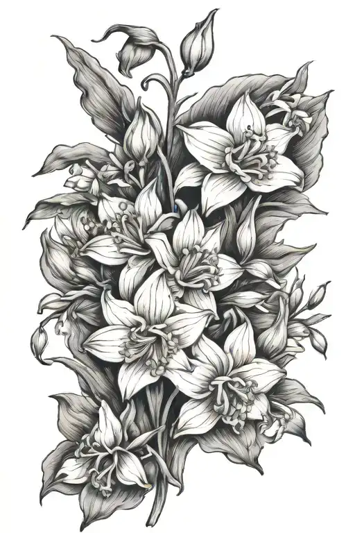 Lilly of the valley, narcissus flower, chrysanthemum flower tattoo design idea