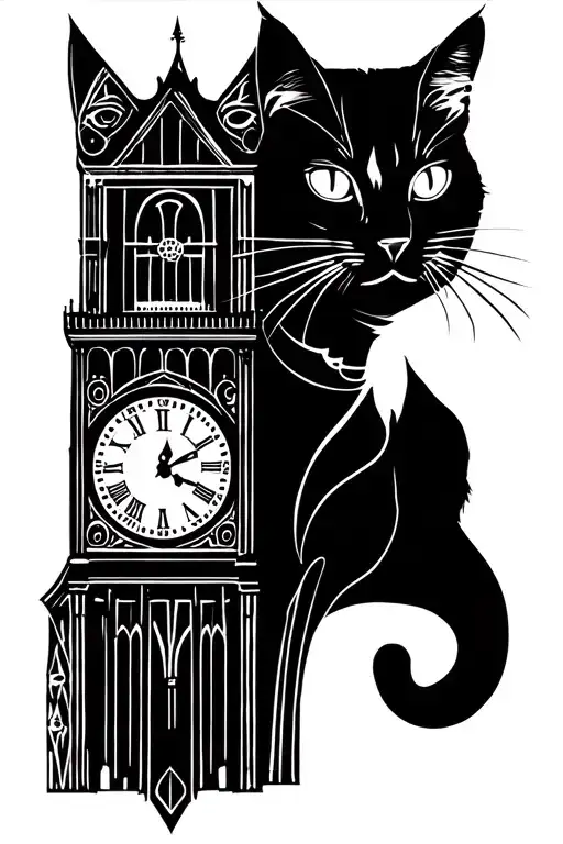cat and father clock tower tattoo design idea