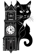 cat and father clock tower tattoo design idea