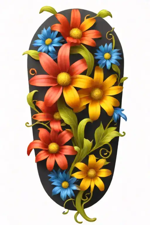 Colorful daisies  intertwined around a vine tattoo design idea