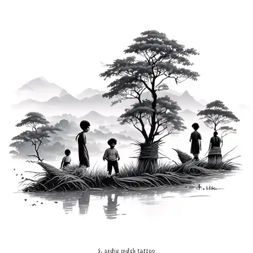 sapa rice fields complementing with 5 children  tattoo design idea