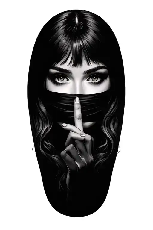 Realistic woman, eyes hidden, finger to lips in 'shh' pose, mysterious and magical aura, black and grey tattoo style. tattoo design idea
