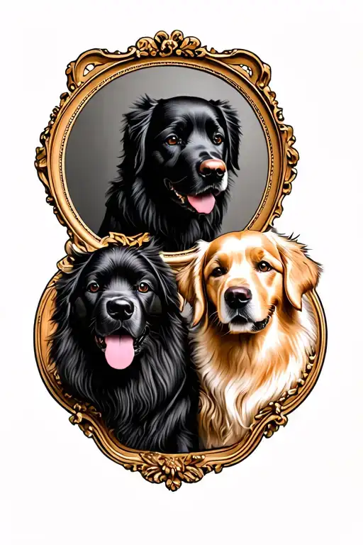 3 dogs, 2 are golden retrievers the other is a black chow chow, all the dogs are placed in antique picture frames  tattoo design idea