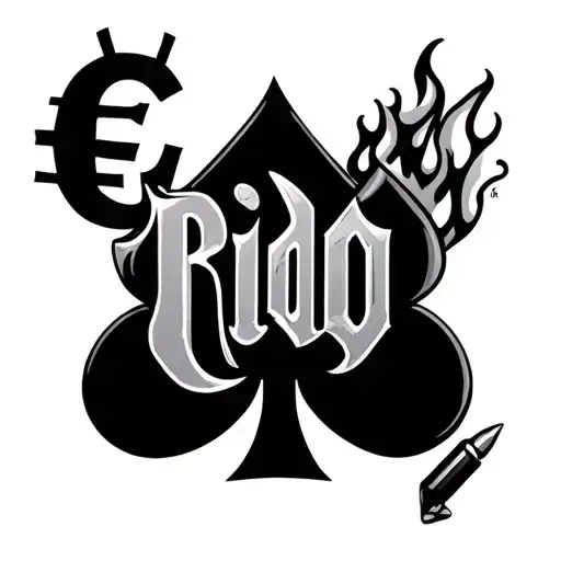euro symbol , spades symbol , fire , bullets , word rido with unique font tattoo design idea