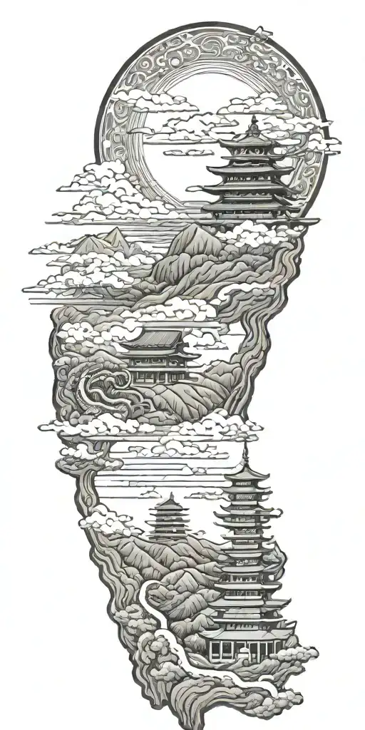 japanese landscape with pagodas with mount fuji on background and a dragon in the sky tattoo design idea